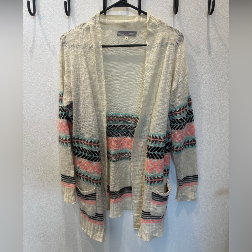 Myan Cream Aztec Open Front Cardigan - Size Small